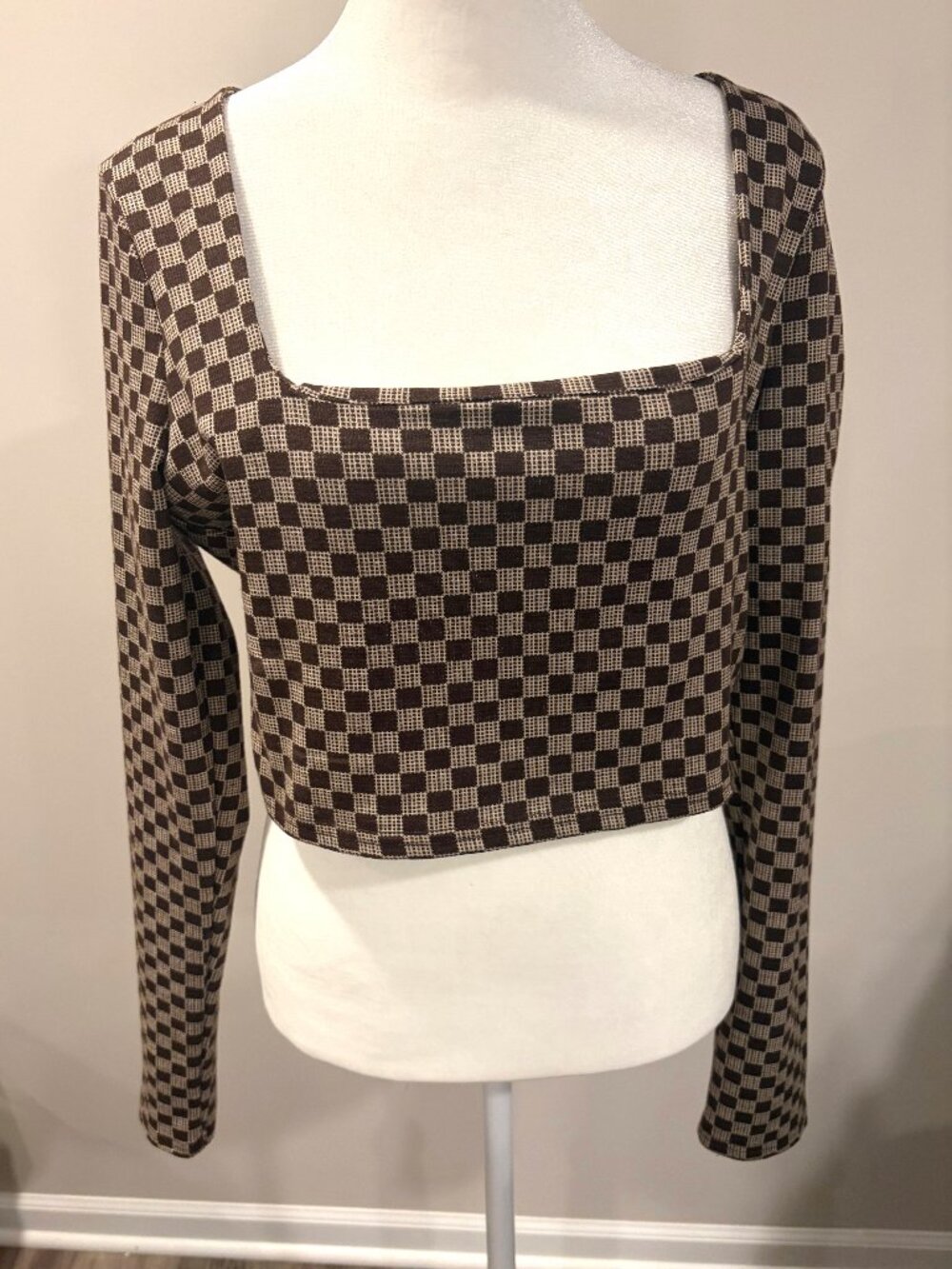 Altar'd State Brown Checkerboard‎ Square Neck Crop Top L Retro Preppy Indie